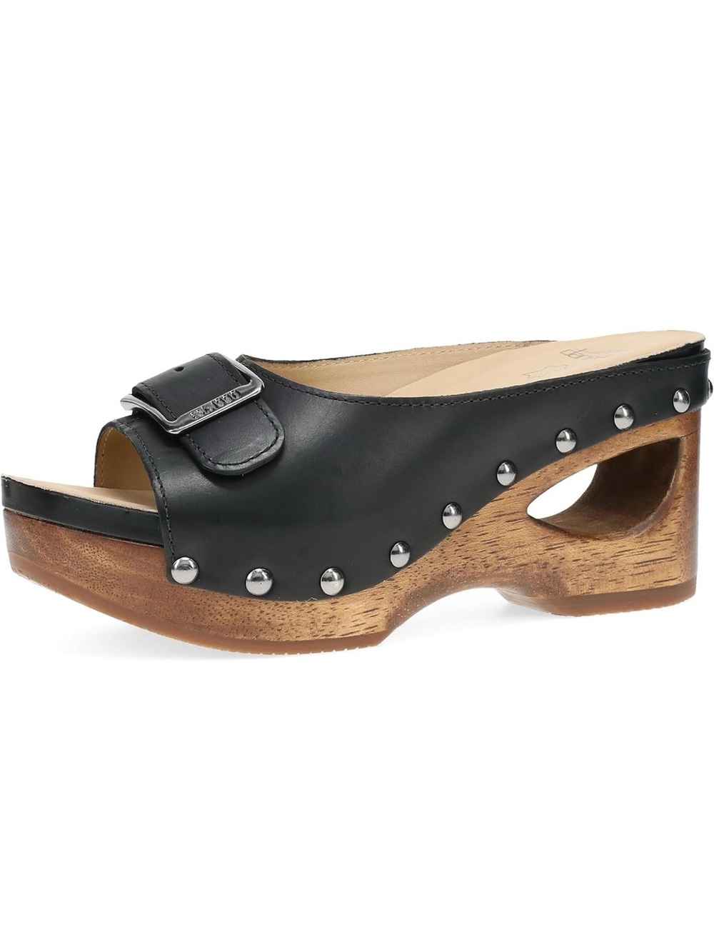 Dansko Black Leather Adeline Studded Slide Clog with Wood-Effect Heel